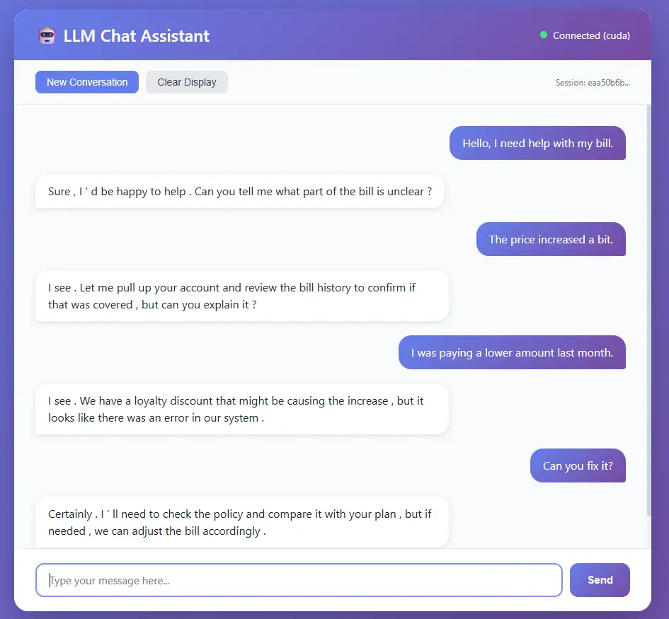 LLM Chat Assistant demo showing a multi-turn conversation about a billing issue